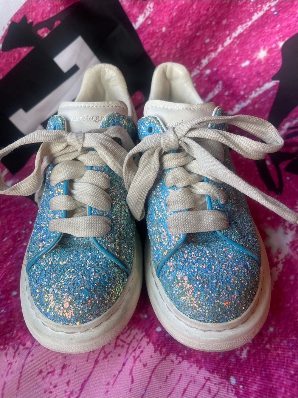 Alexander McQueen Kids Turquoise Glitter Lace-Up Sneakers